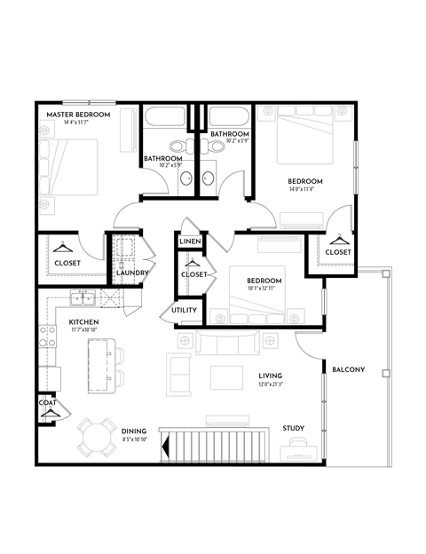 3BR 2BA (1430 SF) Floor Plan at The Villas at Germantown, Memphis, 38125